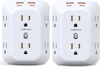 2 Pack Outlet Extender Surge Protector, 6 Outlet Splitter with 4 USB Ports (2 USB C), Multiple Plug Expander Wall Charger, 4 Sided 1050 J Multi Plug Wall Adapter Power Strip for Home Office Kitchen