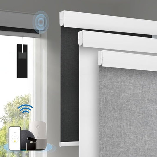Motorized Blinds with Remote, [Free Solar Panels] Cordless Smart Blinds with Valance Cover, Blackout Electric Blinds with Remote Control, Automatic Roller Shades for Windows Light Gray 29" W x 72" H