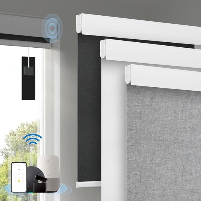 Motorized Blinds with Remote, [Free Solar Panels] Cordless Smart Blinds with Valance Cover, Blackout Electric Blinds with Remote Control, Automatic Roller Shades for Windows Light Gray 43" W x 72" H
