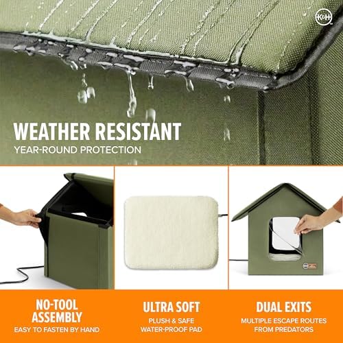 K&H Heated Cat House, Outdoor Kitty Shelter, Safety Listed, 20W, Olive