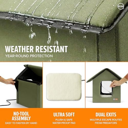 K&H Heated Cat House, Outdoor Kitty Shelter, Safety Listed, 20W, Olive