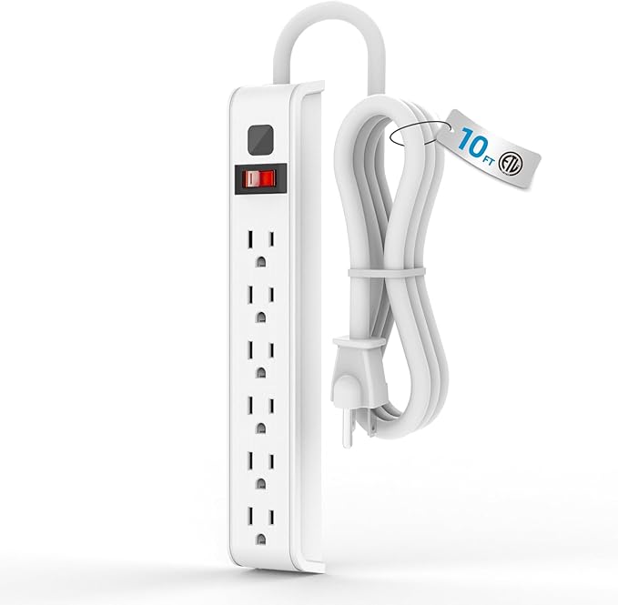 TiFFCOFiO Surge Protector Power Strip, 10 Feet Extension Cord, 600 Joules Surge Protection, Multiple Protection 6 Outlet Strip, 14 AWG Cord, 15A/1875W, ETL Listed