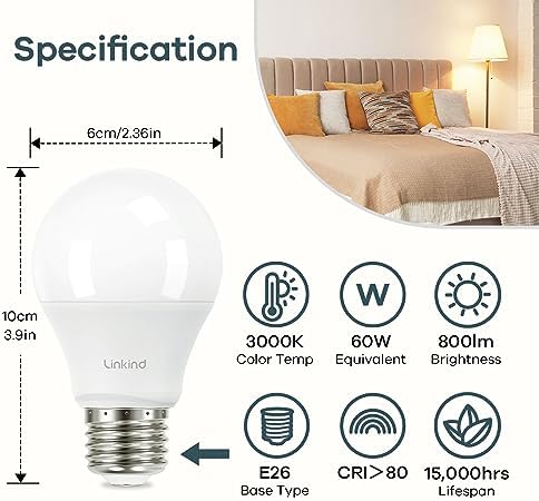 Linkind A19 LED Light Bulbs, 60 Watt Equivalent, 3000K Warm White 6 Packs
