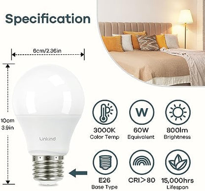 Linkind A19 LED Light Bulbs, 60 Watt Equivalent, 3000K Warm White 6 Packs