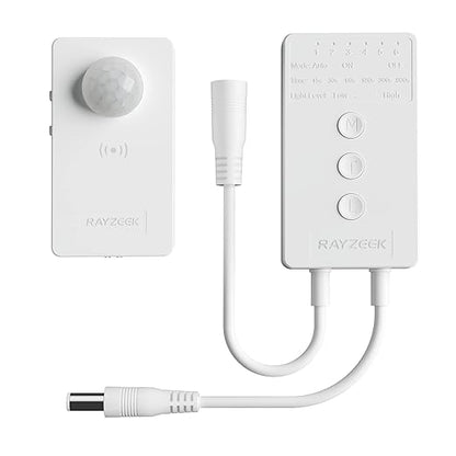 RAYZEEK Wireless Motion Sensor Controller Kit - No Wiring Mini PIR Sensor Switch 12/24VDC RF Wireless Control Led Strip Lights with Dimmable, Timer for Stairway