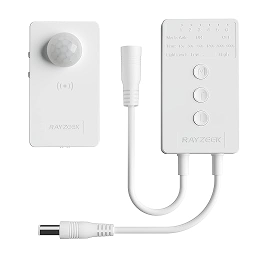 RAYZEEK Wireless Motion Sensor Controller Kit - No Wiring Mini PIR Sensor Switch 12/24VDC RF Wireless Control Led Strip Lights with Dimmable, Timer for Stairway