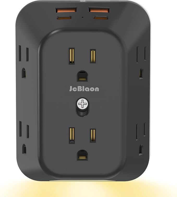 Multi Plug Outlet Surge Protector with Night Light, 6 Outlet Splitter with 4 USB Ports (2 USB C), 4 Sided 1050j Surge Protector Power Strip for Home Office Dorm Essentials-Black