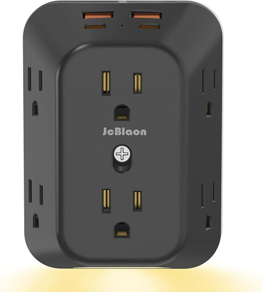 Multi Plug Outlet Surge Protector with Night Light, 6 Outlet Splitter with 4 USB Ports (2 USB C), 4 Sided 1050j Surge Protector Power Strip for Home Office Dorm Essentials-Black