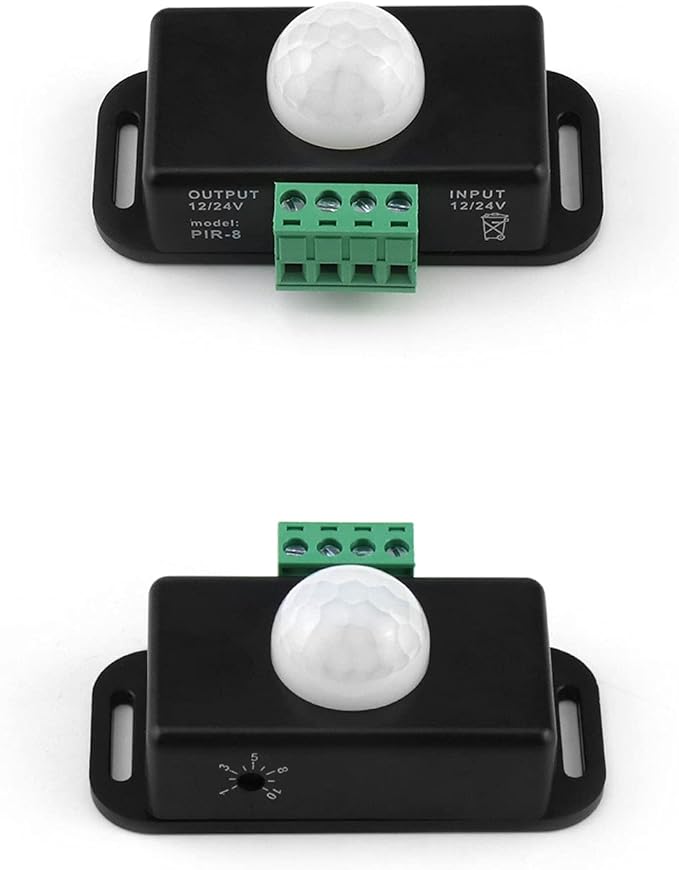 QWORK Motion Sensor LED Switch (2 Pack), 12-24V, 6A, Adjustable Delay Time, 5-8M Induction Distance, 60° Field of View, for LED Strip Lighting, Wall Mount, 3"