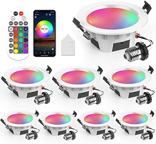 Smart Recessed Lighting 3 Inch, Dimmable, Tunable 2700K~6500K, CRI80+, RGB Color Changing LED Downlight Compatible with Alexa Google Home, Remote Control Small Canless Light, 8Pack