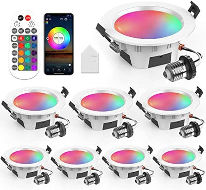 Smart Recessed Lighting 3 Inch, Dimmable, Tunable 2700K~6500K, CRI80+, RGB Color Changing LED Downlight Compatible with Alexa Google Home, Remote Control Small Canless Light, 8Pack
