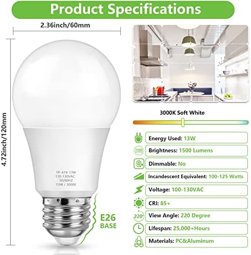MAXvolador A19 LED Light Bulbs, 100 Watt Equivalent, Soft White 3000K, 1500 Lumens, E26 Base, Non-Dimmable, 13W Bright LED Bulbs, 4-Pack