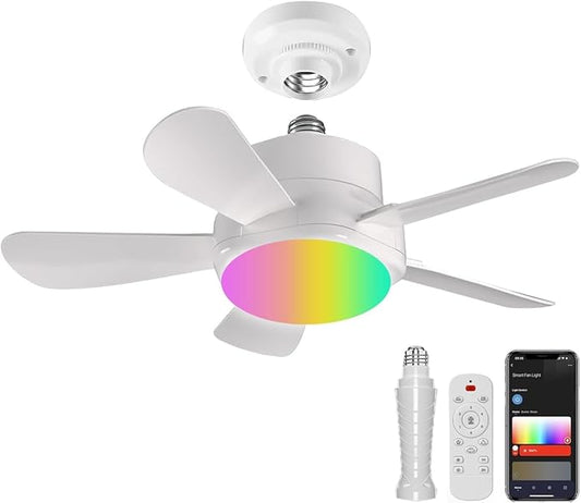 Ligency Smart Socket Fan Light with Remote, 16 inch Small Socket Ceiling Fan Light with RGBW, E26 Screw in Ceiling Light Bulb Fan, 1800Lm, Work with Alexa & Google Assistant for Garage Bedroom, White