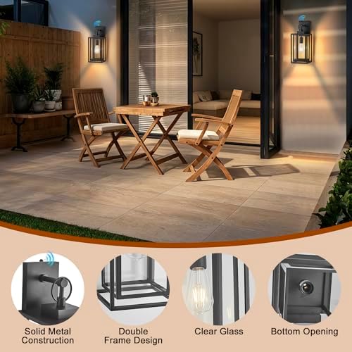 18 IN Dusk To Dawn Outdoor Wall Light,Double Cage Satin Black Exterior Lighting Fixtures With Clear Tempered Glass,Waterproof Auto On/Off Outdoor Lanterns For Porch,Garage,Yard,E26 Base,1 Pack