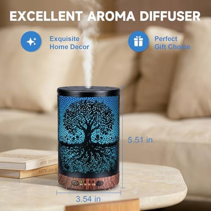 Essential Oil Diffuser 120ML Metal Aromatherapy Diffuser with Timer, Cool Mist Humidifier with Auto Shut-Off & 7 Color Lights for Home Office Spa (Life Tree)