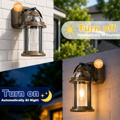 OKELI Dusk to Dawn Outdoor Wall Lights with GFCI Outlet, Waterproof Rustic Farmhouse Wall Lanterns with Clear Glass Shades, Anti-Rust Outside Fixture Lights for Garage Patio Porch, Wood Grain, 2 Pack