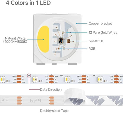 BTF-LIGHTING RGB+Natural White SK6812 LED Strip 16.4FT 150LED IP65 DC12V | RGBW Individually Addressable UL Listed 4 Colors in 1 Light (Similar WS2812B) White PCB(No Adapter or Controller)