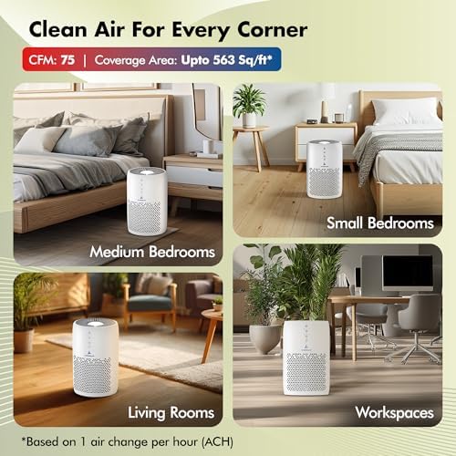 Pure Air PA2 Wozoyo Air Purifier for Home & Bedrooms, AHAM VERIFIDE Covers up to 563 ft², 75 CFM, Filters Smoke, Pet Dander, Odor, Dust, 3-Stage HEPA Filtration, Night Light, Low Noise