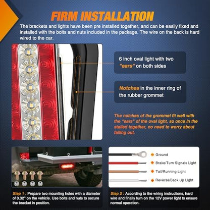 Nilight 6" Oval Trailer Tail Light 2PCS Red Brake Turn White Reverse Lights