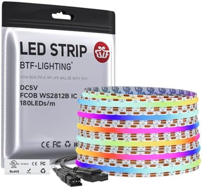 BTF-LIGHTING FCOB COB WS2812B IC RGB LED Strip DC5V 16.4FT 900LED 10mm IP30