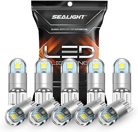 SEALIGHT 194 LED Bulb 6000K White, License Plate Light, Dome Light, T10 168 2825 W5W 3030 Bright Chips Wedge for Replacement Light Bulb, Map Trunk Door Courtesy Dash LED Light Bulb,Pack of 10