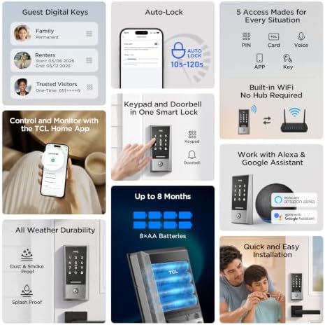 TCL Keyless Entry Door Lock, WiFi Keypad Deadbolt Smart Lock with Touchscreen Keypad, App Remote Control, Doorbell, Auto-Lock, Easy Installation, Compatible with Alexa & Google Assistant, D2