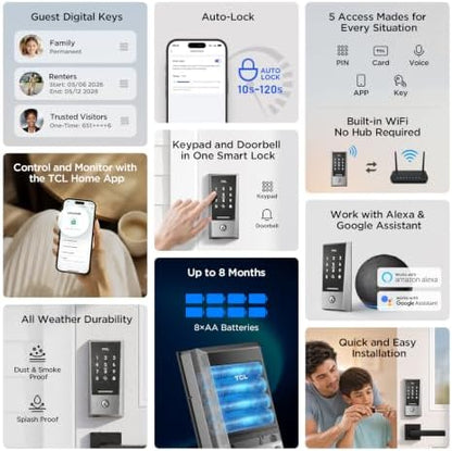TCL Keyless Entry Door Lock, WiFi Keypad Deadbolt Smart Lock with Touchscreen Keypad, App Remote Control, Doorbell, Auto-Lock, Easy Installation, Compatible with Alexa & Google Assistant, D2