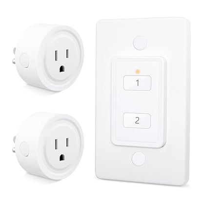 LoraTap Mini Wireless Remote Control Outlet Plug Adapter (2 Pack) with Remote, 2 Channel Wall Switch, 656ft Control Range for Indoor Lamps and Home Appliances, No Hub Required, 10A/1100W, White