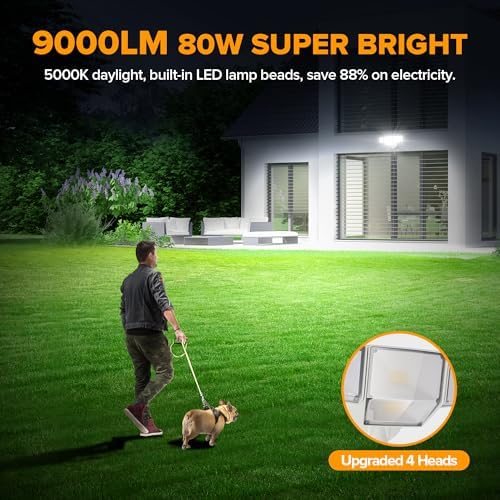 LUTEC 80W 9000LM Flood Lights Outdoor, Hardwired Switch Controlled LED Security Lights with 4 Heads, IP65 Waterproof, 5000K Daylight for Garage, Yard, Patio (White)