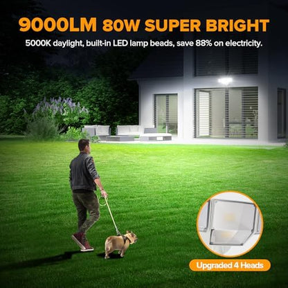 LUTEC 80W 9000LM Flood Lights Outdoor, Hardwired Switch Controlled LED Security Lights with 4 Heads, IP65 Waterproof, 5000K Daylight for Garage, Yard, Patio (White)