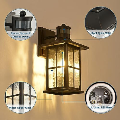 FLEDAVID Motion Sensor Porch Light Black Dusk to Dawn Outdoor Wall Lantern