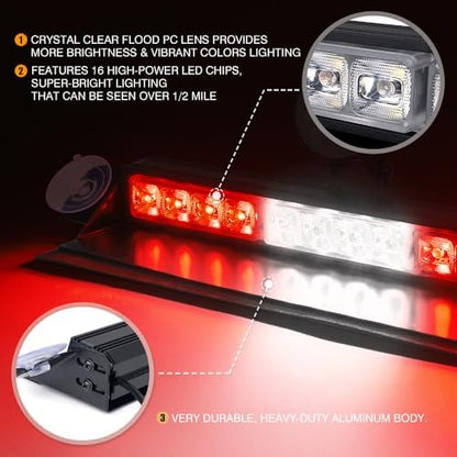 Xprite 16 inch White Red Emergency Strobe Dash Lights, Interior Windshield Flashing Light w/Suction Cups for Construction Towing Snow Plow Pickup Work Trucks Cars (Aluminum Housing)