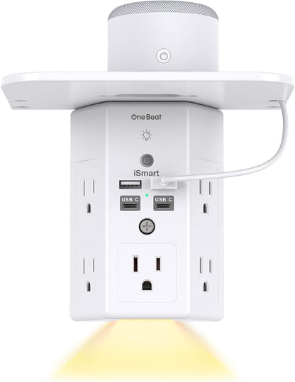 One Beat Surge Protector Wall Outlet Extender, 5 Outlets & 4 USB Ports (2 USB-C) with Night Light & Outlet Shelf, 1680J, 3-Sided Multi Plug Adapter, Wall Mount, ETL Listed for Home Office Travel