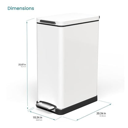 Home Zone Living 12 Gallon Slim Kitchen Trash Can with Soft Close Lid, Step Pedal, Bag Tuck Band, and Removable Liner, Stainless Steel, Matte White