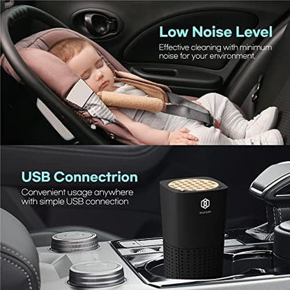 IMUNSEN M-003B True HEPA 13 Filter Air Purifier for Car, Desk, and Office with Carbon Deodorization Filter, 4-Stage Filtration, Smoke, Odors, Allergens, USB Port 5V, Made in Korea - Black