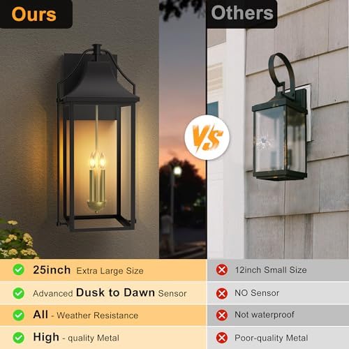 25IN Dusk to Dawn Outdoor Light Lighting, 3-E12 Base Wall Sconce
