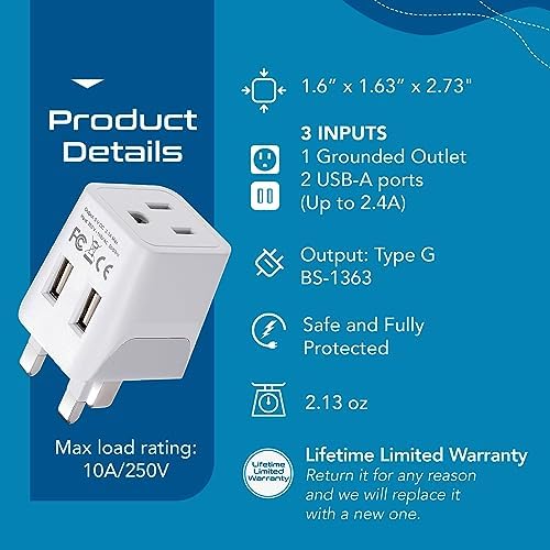 Ceptics South Africa Travel Plug Set - with 2 USB + USA Socket Input - Type M and Type G - Ultra Compact - Safe Grounded Perfect for Cell Phones, Laptops, Camera Chargers