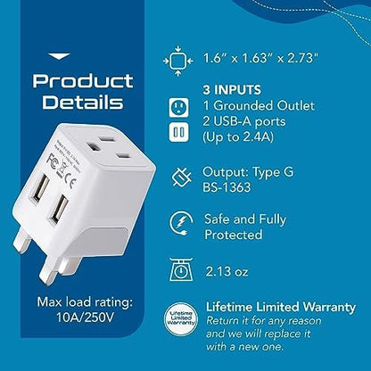 Ceptics South Africa Travel Plug Set - with 2 USB + USA Socket Input - Type M and Type G - Ultra Compact - Safe Grounded Perfect for Cell Phones, Laptops, Camera Chargers