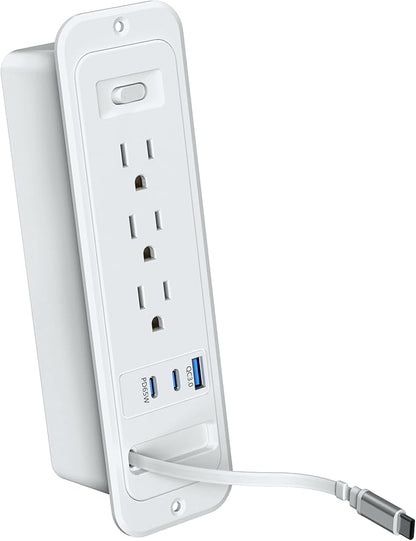 Recessed Power Strip with Retractable USB C Cable,2 PD 65W USB C Fast Charging,Flush Mount Countertop Drawer Outlet, Furniture Hidden Outlet for Side Table,End Table,3 Outlets (Grey, 6FT-65W)