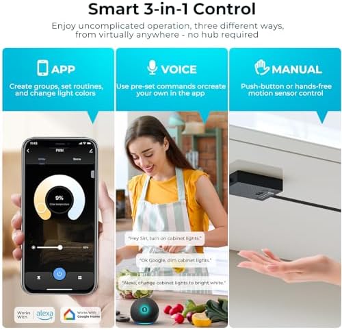 VST Smart Under Cabinet Lighting 6 Bars - UL Listed CRI 93+ Adjustable COB Strip Lights, Alexa & Google Home Compatible, App/Voice/Hand Wave Control for Kitchen Cabinets & Closets