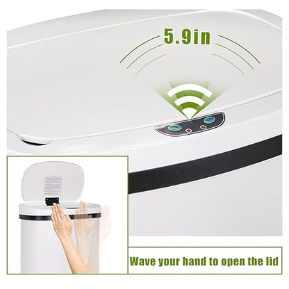 13 Gallon 50 Liter Garbage Can Kitchen Trash Can with Lid Automatic Sensor Touch Free Stainless Steel Waste Bin for Bathroom Bedroom Home Office,White