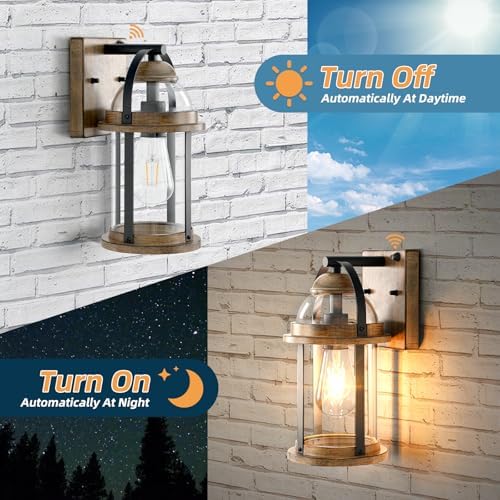 OKELI Dusk to Dawn Outdoor Wall Lights, Waterproof Lighting Fixtures Rustic Farmhouse Wall Lanterns with Clear Glass Shades Anti-Rust Outside Lights for Garage Patio Porch(Wood Grain, 2 Pack)