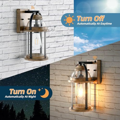 OKELI Dusk to Dawn Outdoor Wall Lights, Waterproof Lighting Fixtures Rustic Farmhouse Wall Lanterns with Clear Glass Shades Anti-Rust Outside Lights for Garage Patio Porch(Wood Grain, 1 Pack)