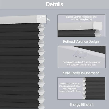 Cellular Shades Light Filtering Honeycomb Blinds for Indoor Windows, Cordless Cellular Shades 1.5 inch Cell Pleated for Bedroom Home Office, Custom Size, Half Shading Black