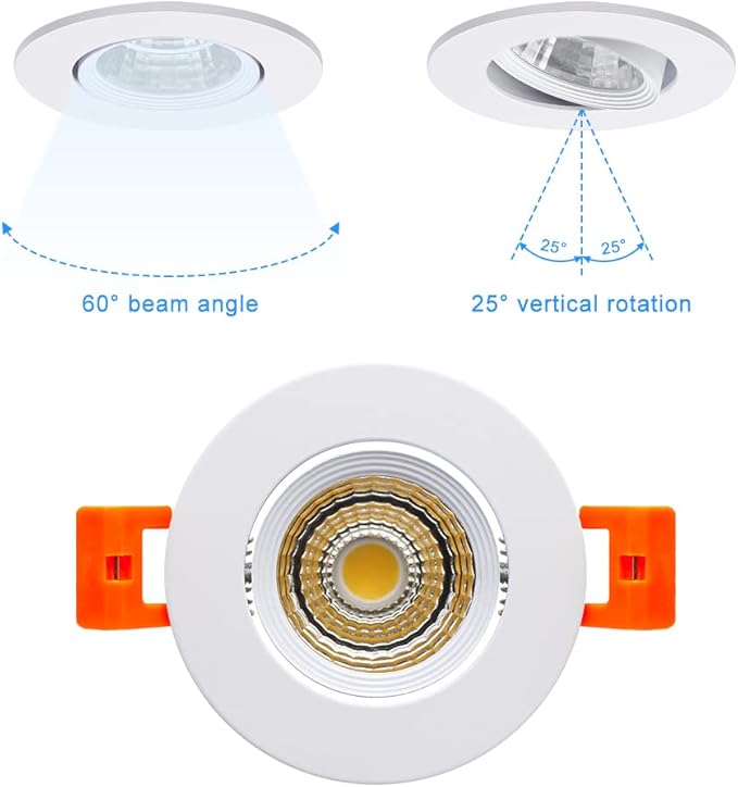 2Inch LED Recessed Ceiling Light, 3W Dimmable LED Downlight, 60 Beam Angle COB Recessed Lights with Driver, Daylight White 5000K-5500K, 25W Halogen Bulbs Equivalent for Ceiling Lighting, White 1 Pack