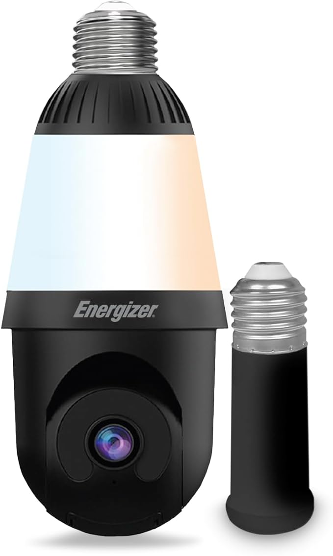 Energizer Smart 2K Light Bulb Security Camera, 1000 Lumens LED Light, 5G&2.4G Wi-Fi Outdoor Socket Camera, Pan Tilt Auto Tracking, Night Vision, 2-Way Audio, Outdoor, Works with Alexa & Google Home