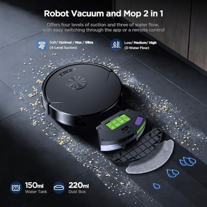 Robot Vacuum and Mop Combo, 8000Pa Strong Suction 2 in 1 Vacuum Robot with Mopping, with Schedule, Wi-Fi/App/Remote, Self-Charging, Slim, Ideal for Hard Floor, Pet Hair, Low-Pile Carpet