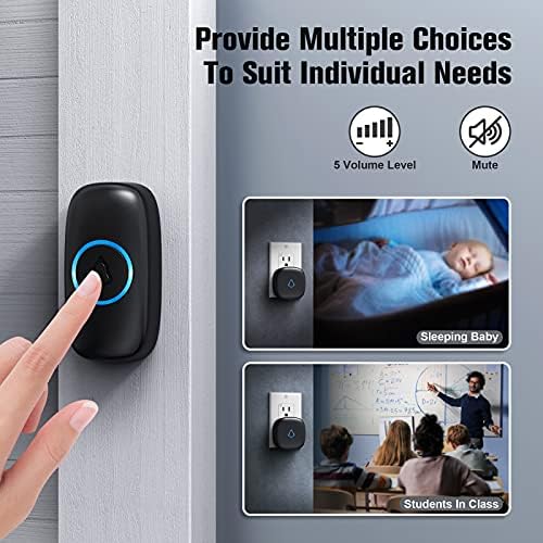 SECRUI Wireless Doorbell with 2 Buttons, Waterproof Mini Door Bell 1,000ft Range 110dB Mute Mode 58 Door Chimes & Colorful LED Flashing - Black