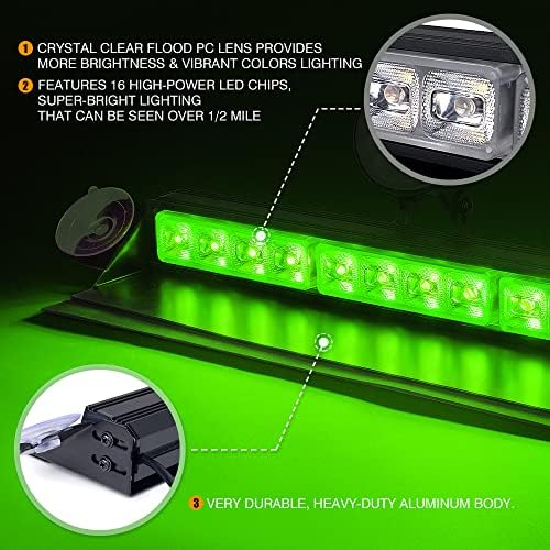 Xprite 16 inch Green Emergency Strobe Dash Lights, Interior Windshield Flashing Light w/Suction Cups for Construction Towing Snow Plow Pickup Work Trucks Cars (Aluminum Housing)