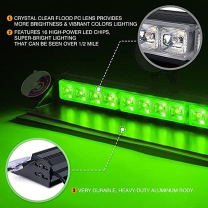 Xprite 16 inch Green Emergency Strobe Dash Lights, Interior Windshield Flashing Light w/Suction Cups for Construction Towing Snow Plow Pickup Work Trucks Cars (Aluminum Housing)